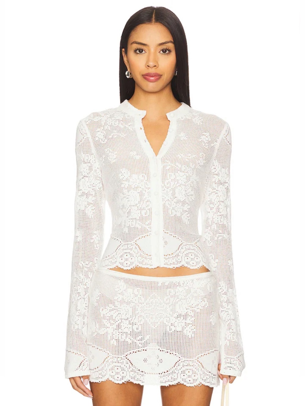 White Crochet Two-Piece Set - Lace Knit Top & Mini Skirt With Jean Belinda